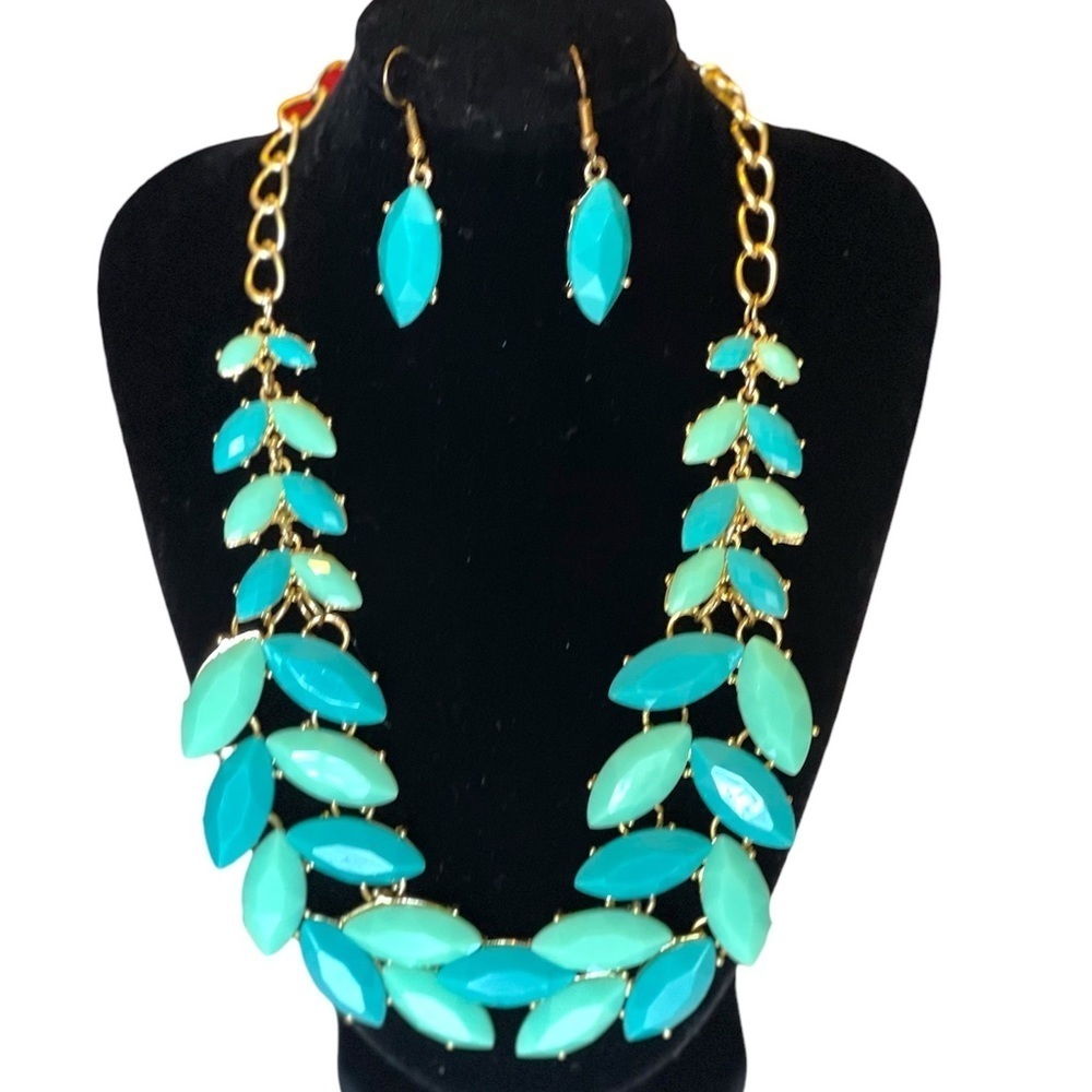 Rhinestone Necklace Set Statement Earrings Turquoise Blue Bridal Prom Jewelry